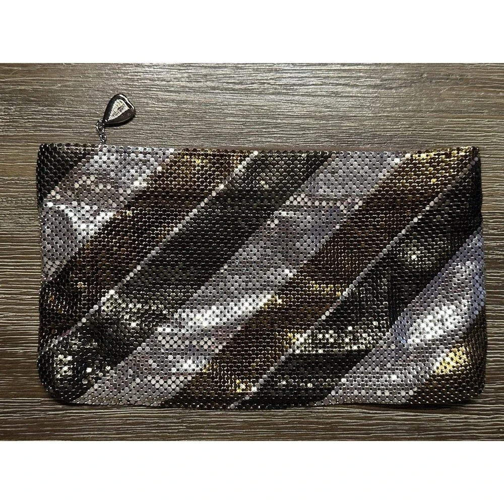 Vintage Whiting & Davis Gold Striped Mesh Metal Clutch Purse Evening Bag